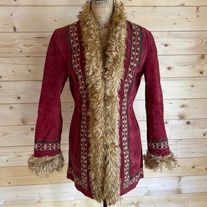 Mixit Red Suede Coat with Tan Fur Trim